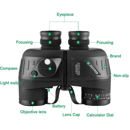 HD 10x50 Binoculars Waterproof Rangefinder Compass Black
