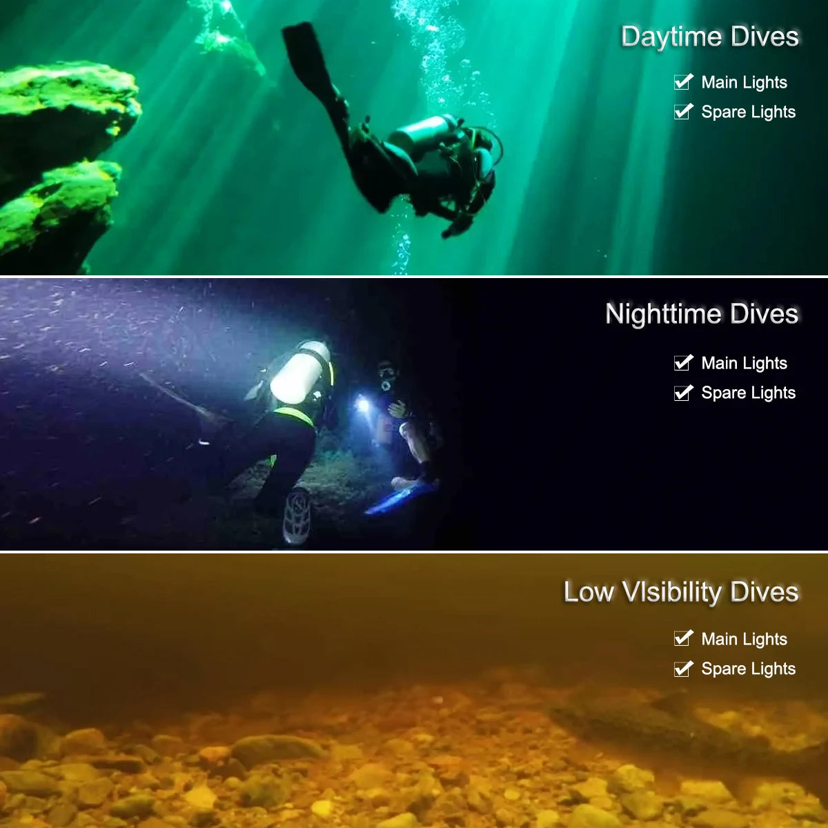 3000LM Underwater Diving Flashlight 1.2M Line