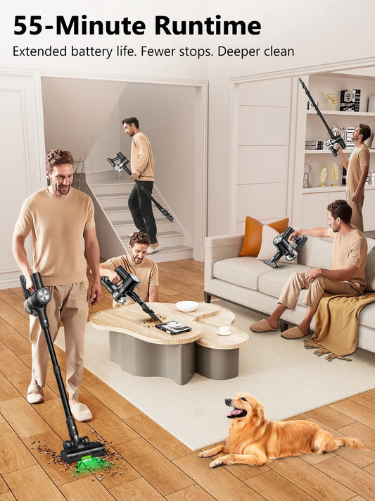 55Kpa Cordless Stick Vacuum Cleaner 55min Runtime Anti-Tangle Brush