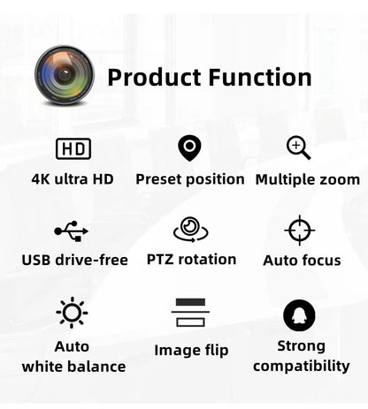 Black 4K PTZ Video Camera AI Tracking 30/60fps