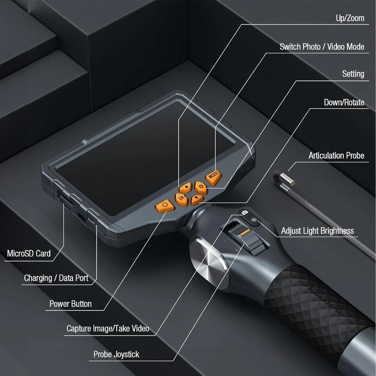 3.9mm Articulating Borescope Camera 1080p 5" IPS Screen