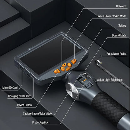 3.9mm Articulating Borescope Camera 1080p 5" IPS Screen