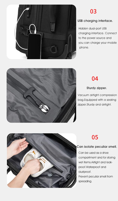 Lightweight Boardable Travel Backpack with Smooth Rolling Wheels
