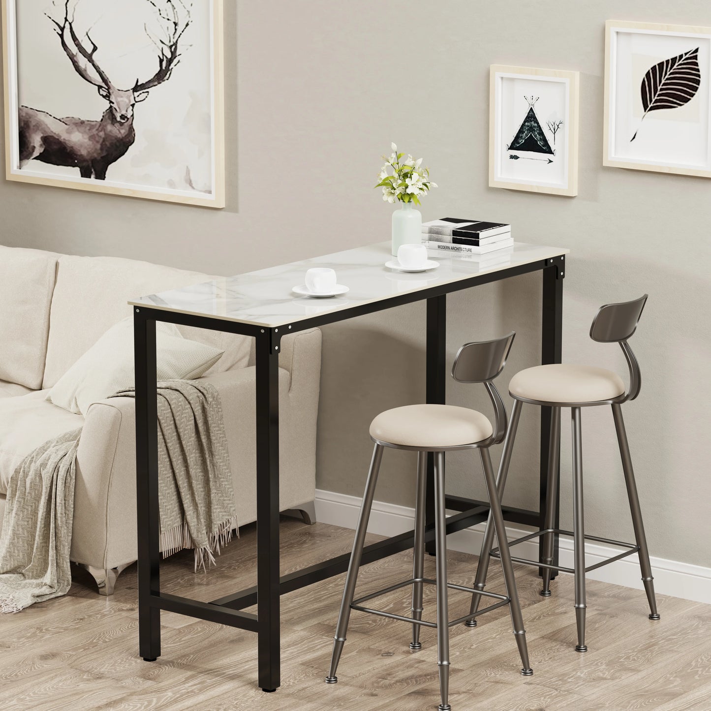 White Sintered Stone Bar Table with Black Metal Frame