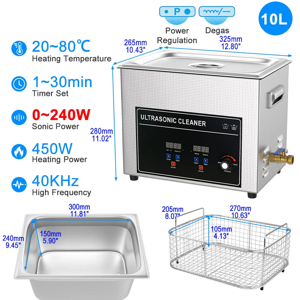 10L Ultrasonic Cleaning Machine 240W Tank