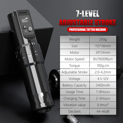 Wireless Tattoo Pen LCD Battery Adjustable 7 Stroke