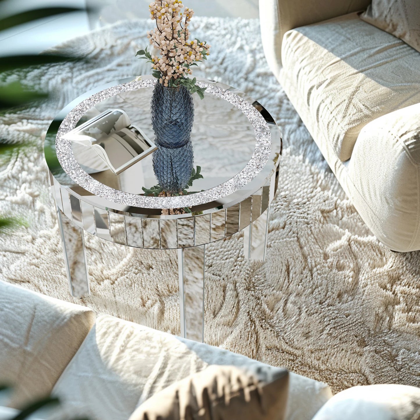 Round Mirrored Bedside Table Crystal Diamond Accent Side Table