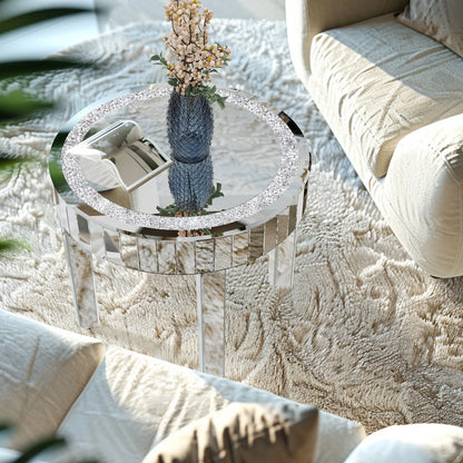 Round Mirrored Bedside Table Crystal Diamond Accent Side Table
