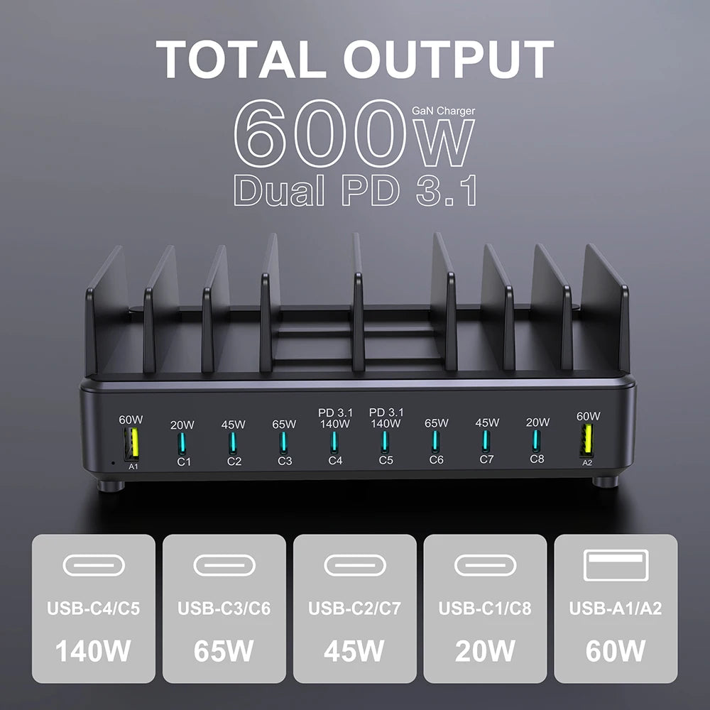 600W Multi USB Fast Charging Station with 10 Ports