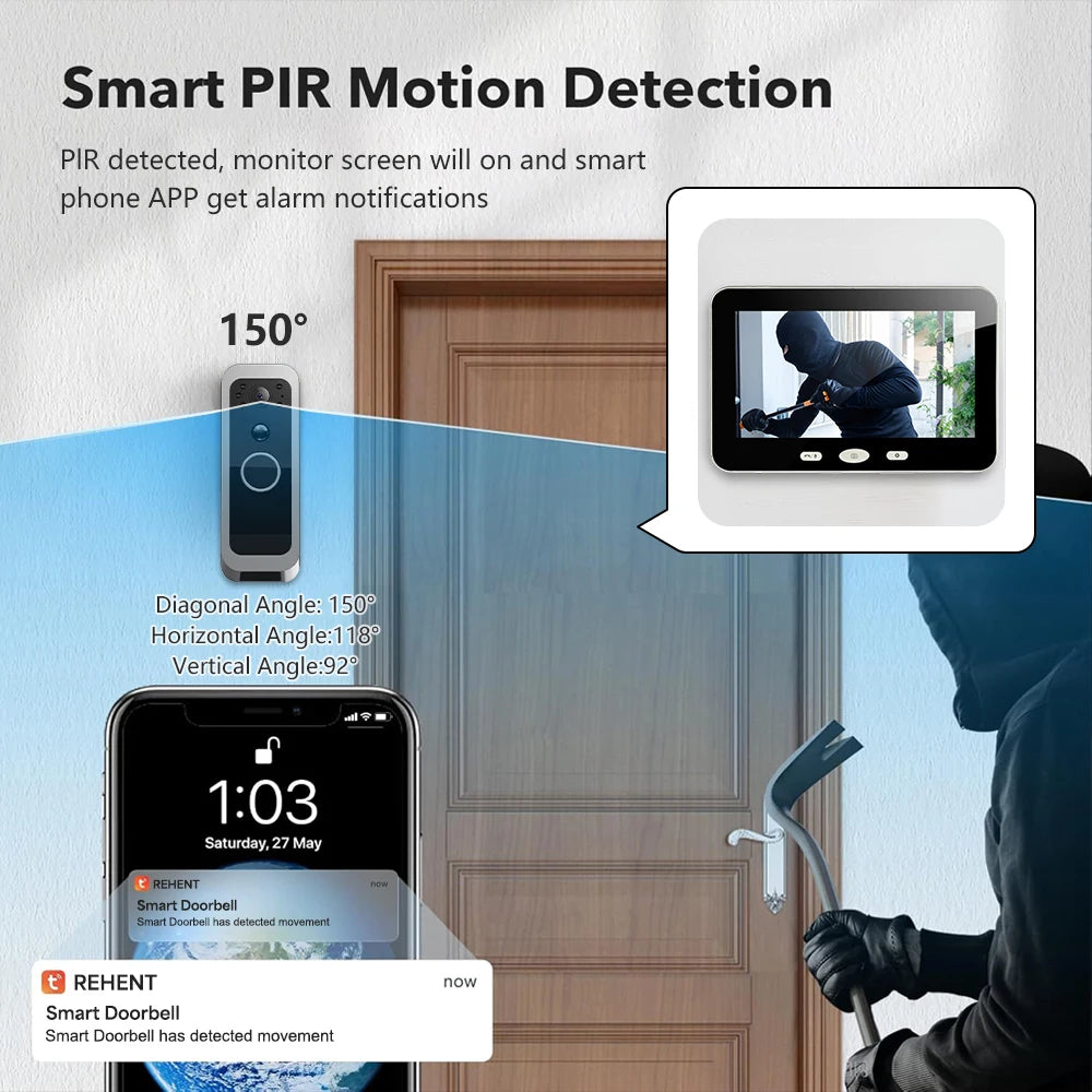 Wireless Video Doorbell with 5" Screen & Two Way Talk