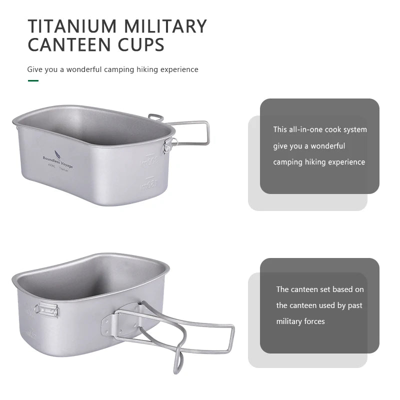 Titanium Camping Canteen Set Military Pot Pan Lid Chain