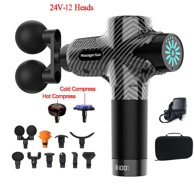 24V Carbon Massage Gun with 12 Heads and Heat Therapy