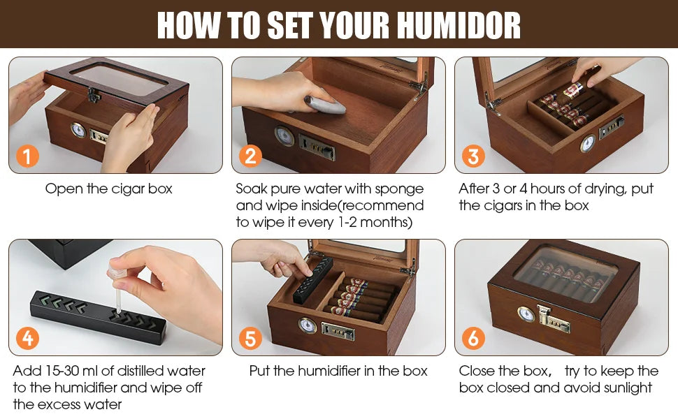 Brown Cedar Wood Cigar Humidor with Glass Top & Hygrometer