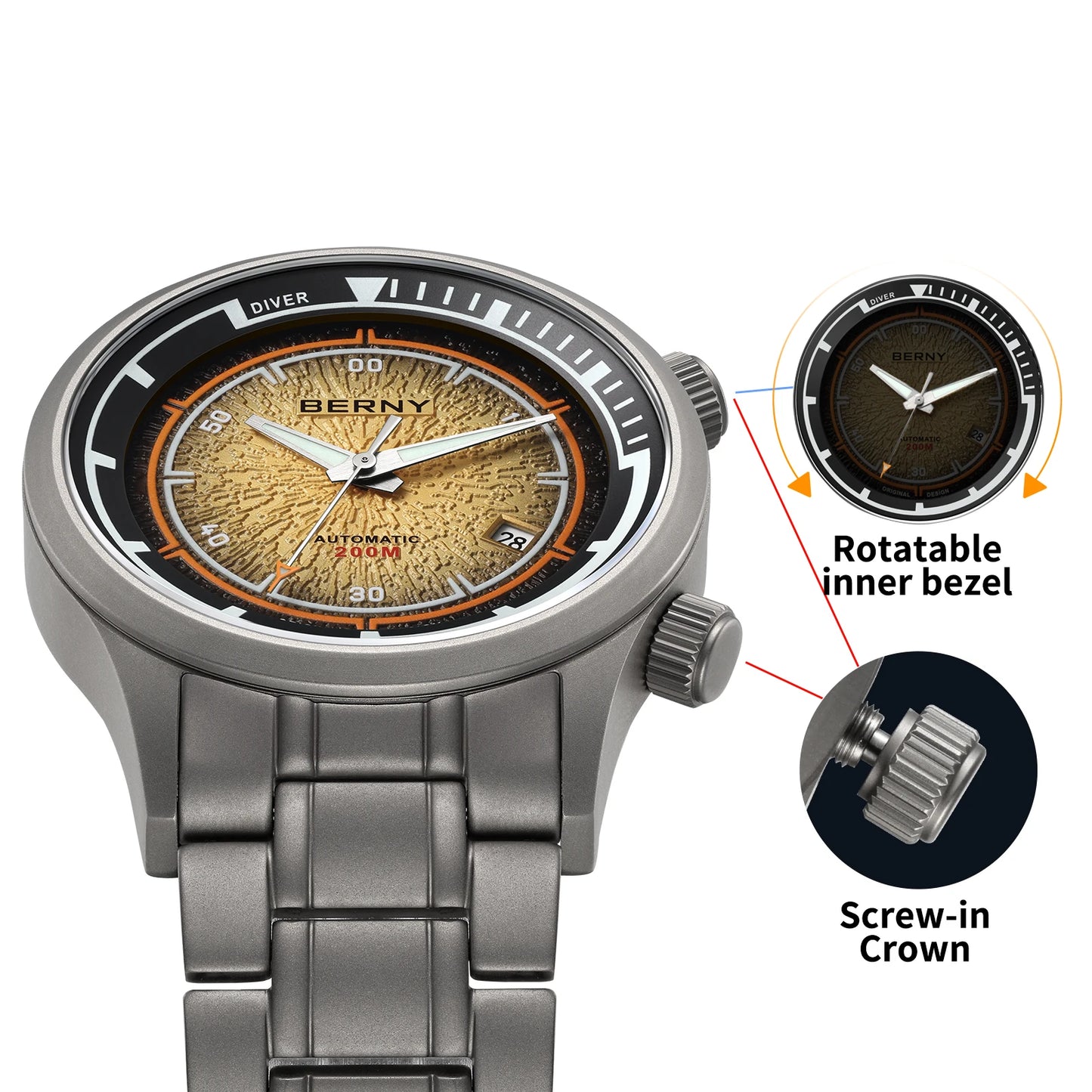 Men’s Diver Watch 20ATM  Luminous Orange Dial