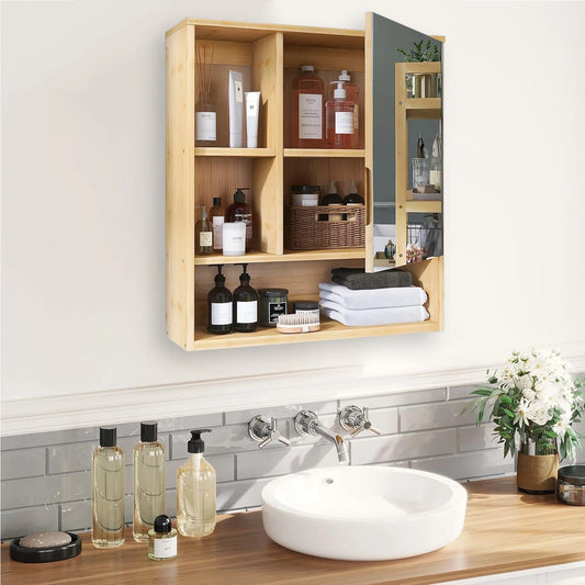 Wall Mounted Bamboo Bathroom Cabinet with Mirror and Shelves