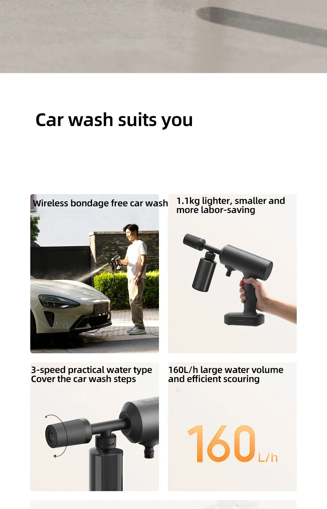 Portable Wireless Car Washer 160L/h High Pressure Cleaning