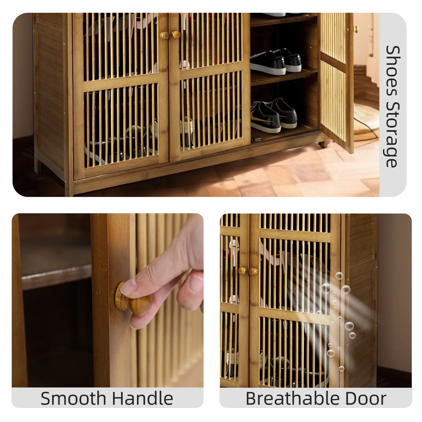 Slim Bamboo Shoe Rack Cabinet with Three Hollow Doors