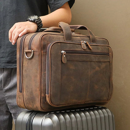Coffee Leather Business Laptop Bag 17" with Shoulder Strap