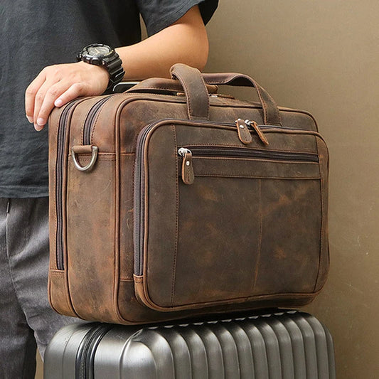 Coffee Leather Business Laptop Bag 17" with Shoulder Strap
