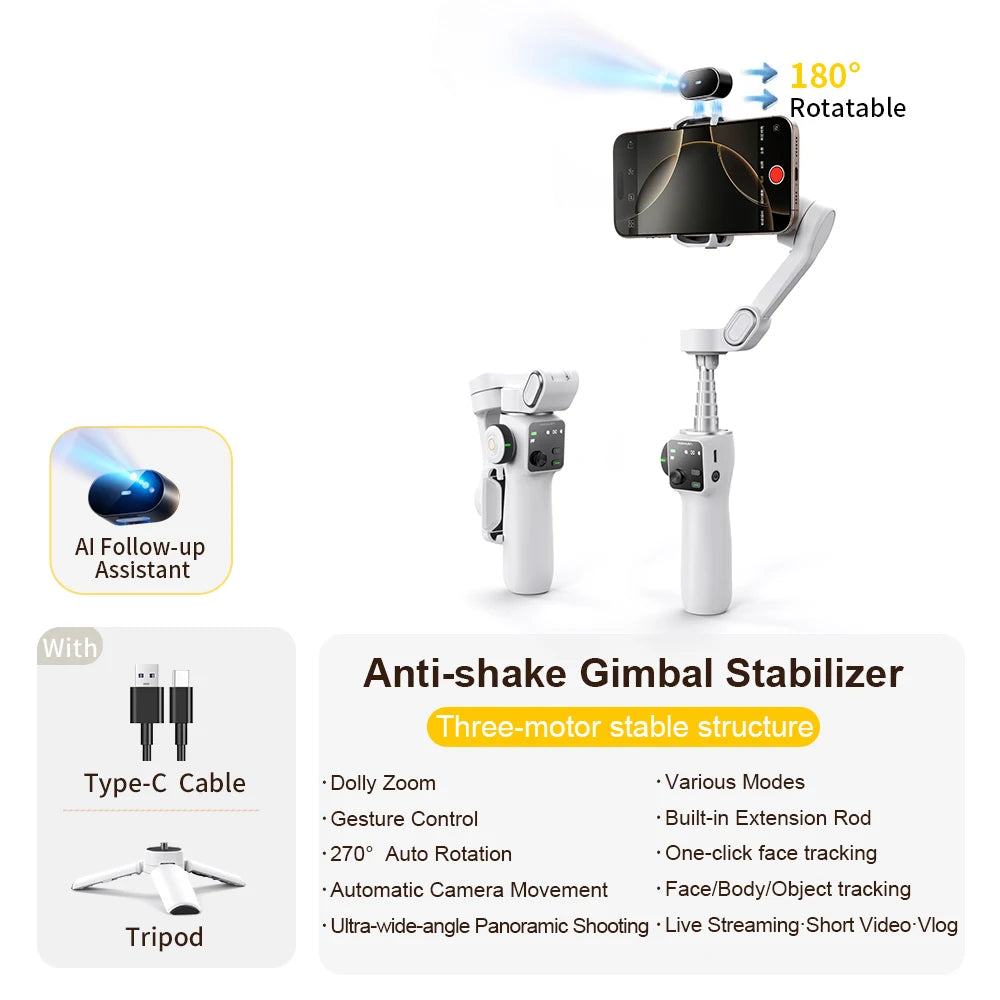 Handheld Phone Gimbal 3-Axis Stabilizer with Extension Rod