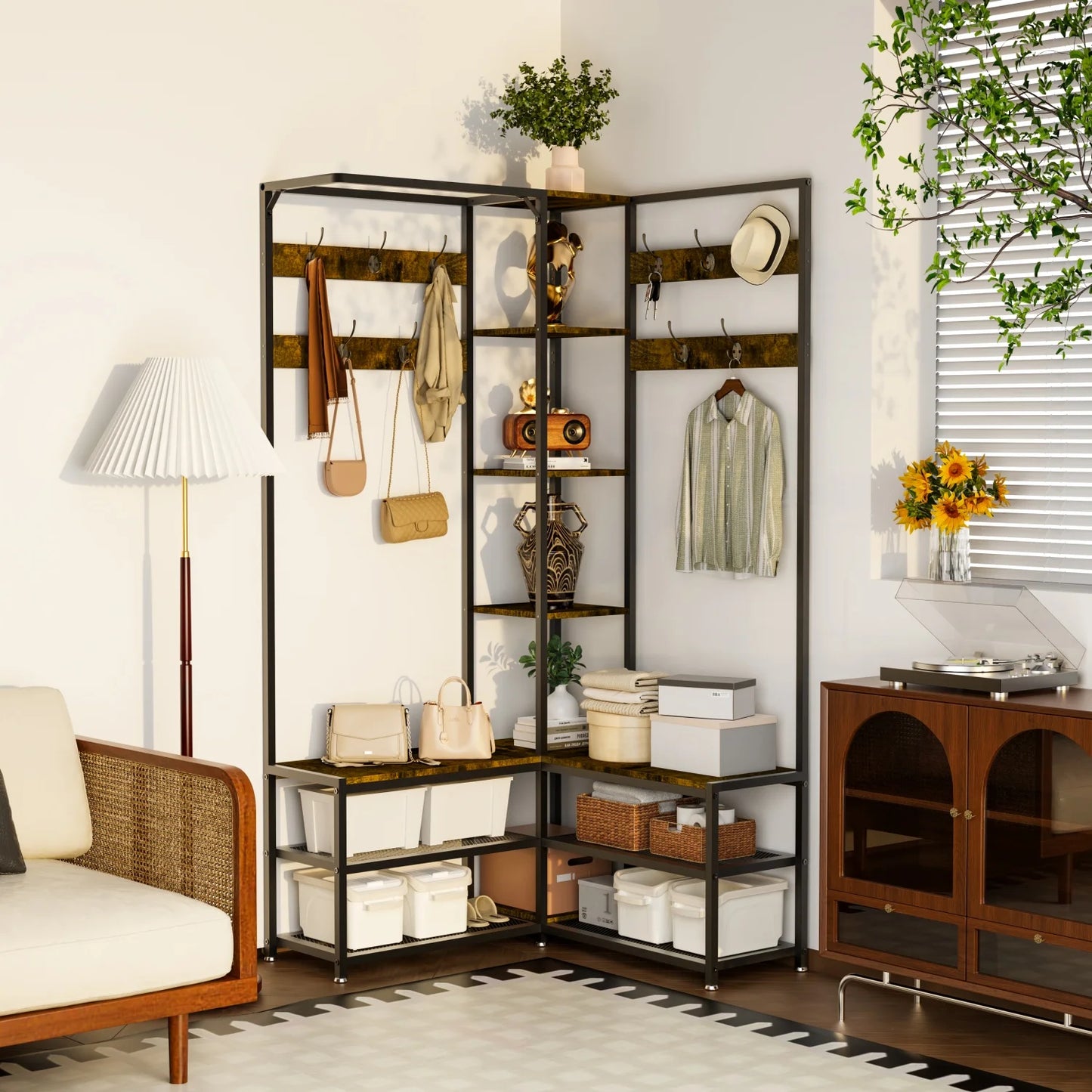 Rustic Corner Coat Rack Bench with Shoe Storage & Hooks