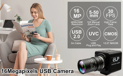 16MP 4K USB Webcam with 10X Zoom Industrial Camera