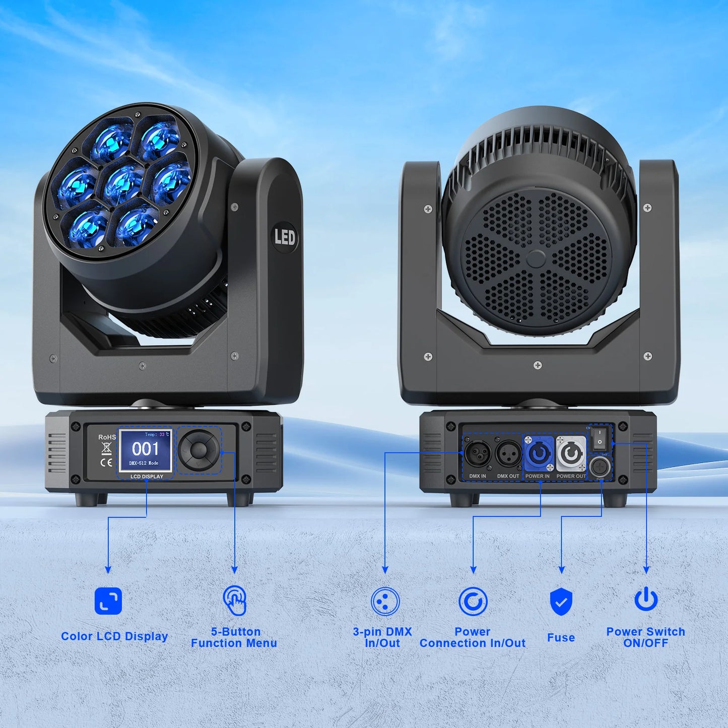 RGBW LED Moving Head Wash Beam Lights 2 Pack