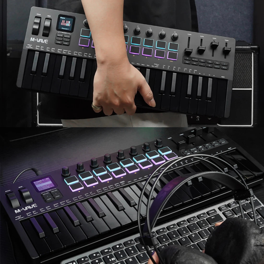 37 Key Portable MIDI Controller with Built-In Synth and RGB Pads