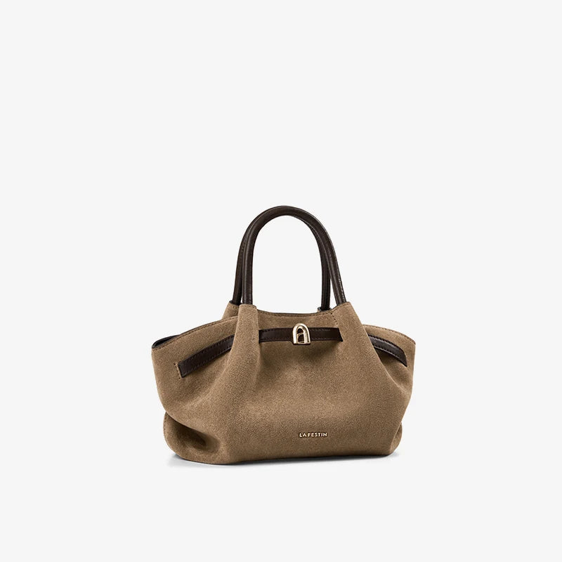 Light Brown Suede Handbag Small Crossbody Shoulder Bucket Bag