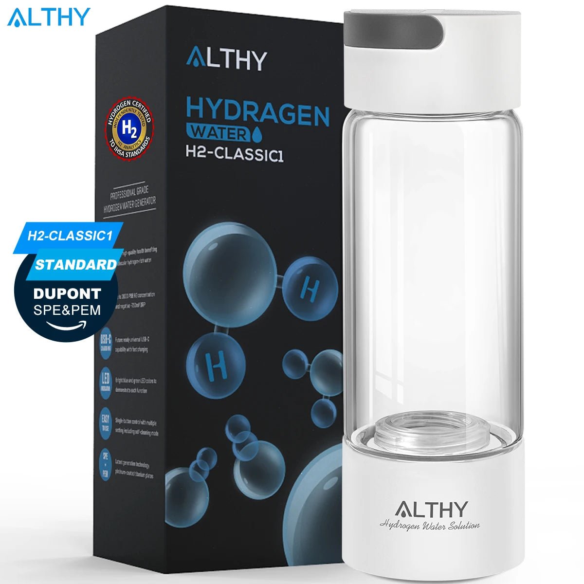 Hydrogen Water Generator Bottle with Glass Cup and Inhaler
