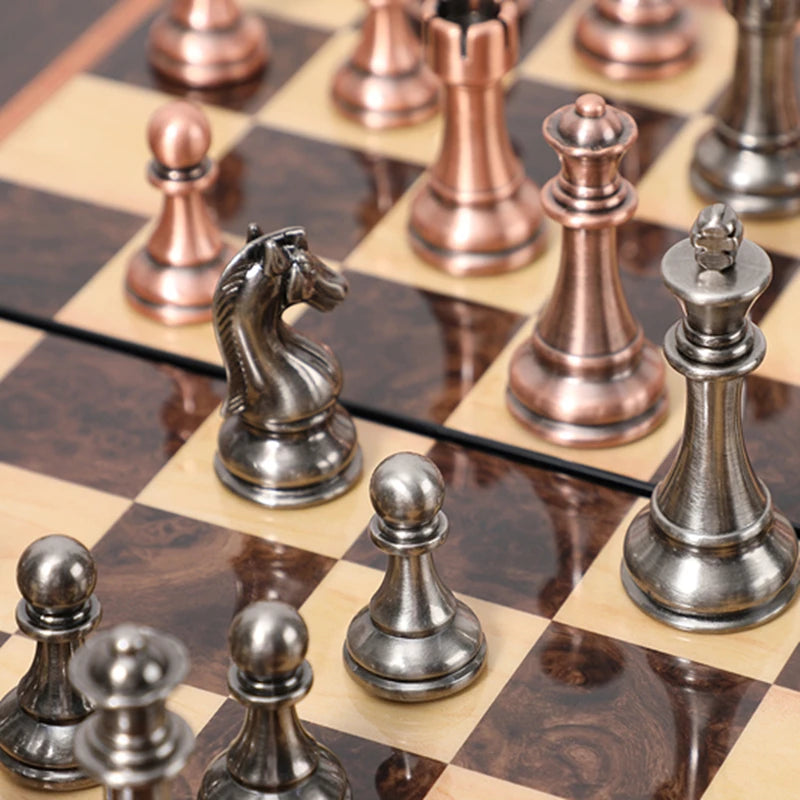 15-Inch Luxury Metal Chess Set with Folding Board