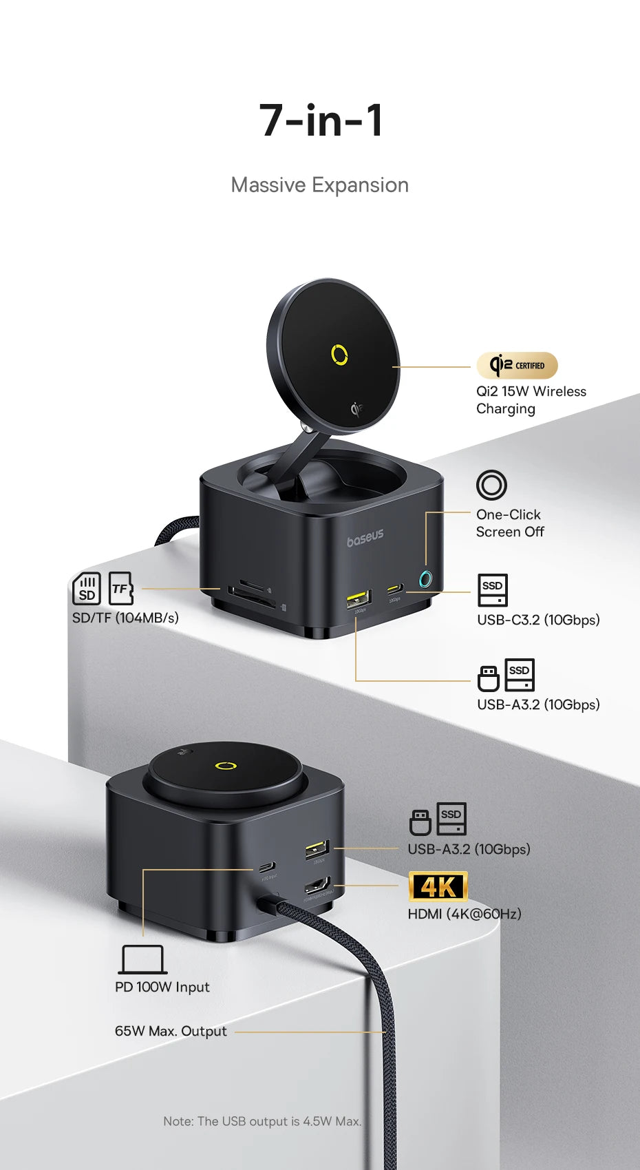 15W Magnetic Wireless Charger with PD Hub & 4K HDMI