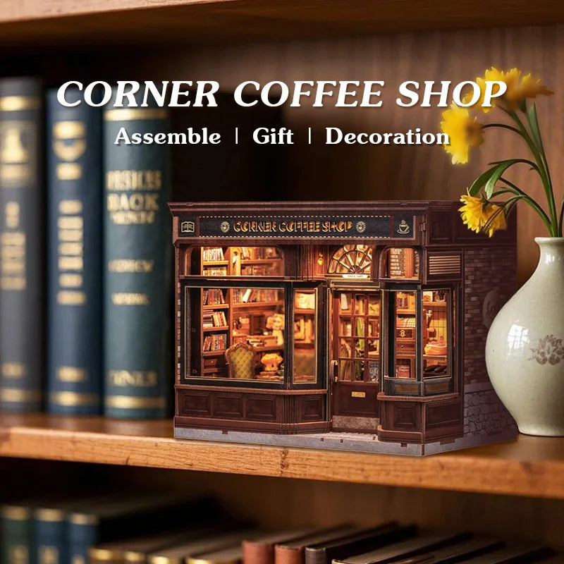 DIY Book Nook Kit Corner Coffee Shop with LED Light