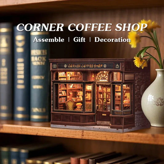 DIY Book Nook Kit Corner Coffee Shop with LED Light