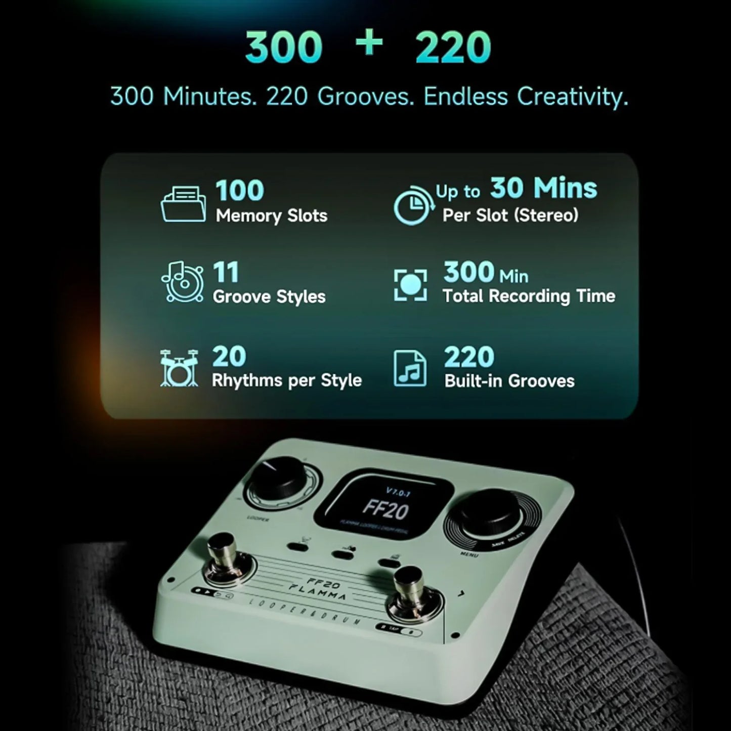 Compact Guitar Looper Pedal with 220 Rhythms and Headphone Jack