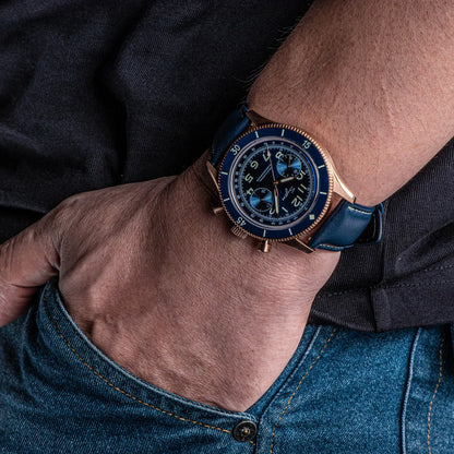 Luxury Pilot Chronograph Watch with Blue Dial and Leather Strap
