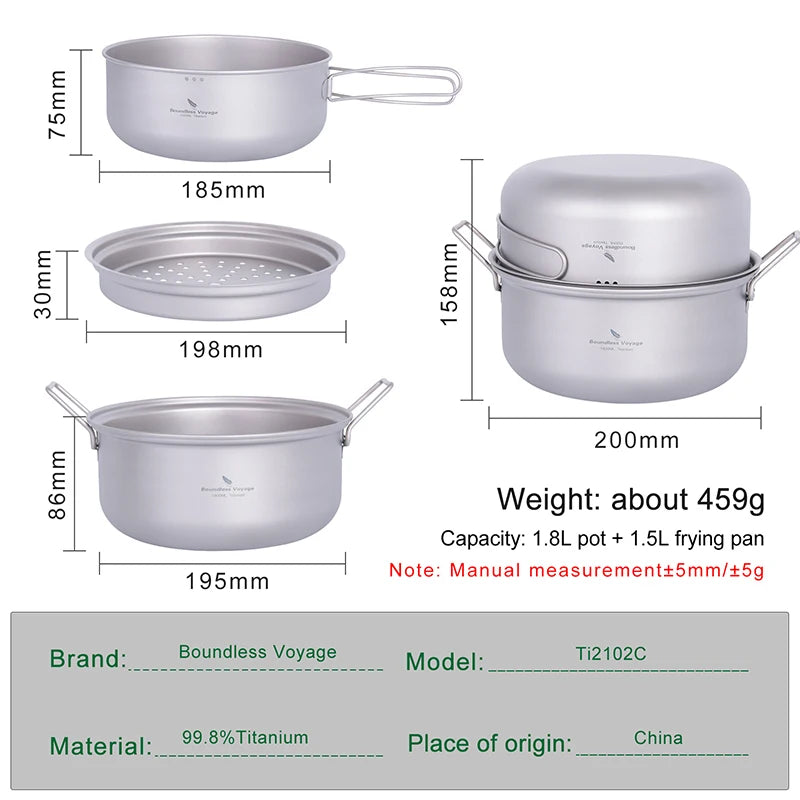 Ultralight Titanium Camping Cookware Set Pot Fry Pan