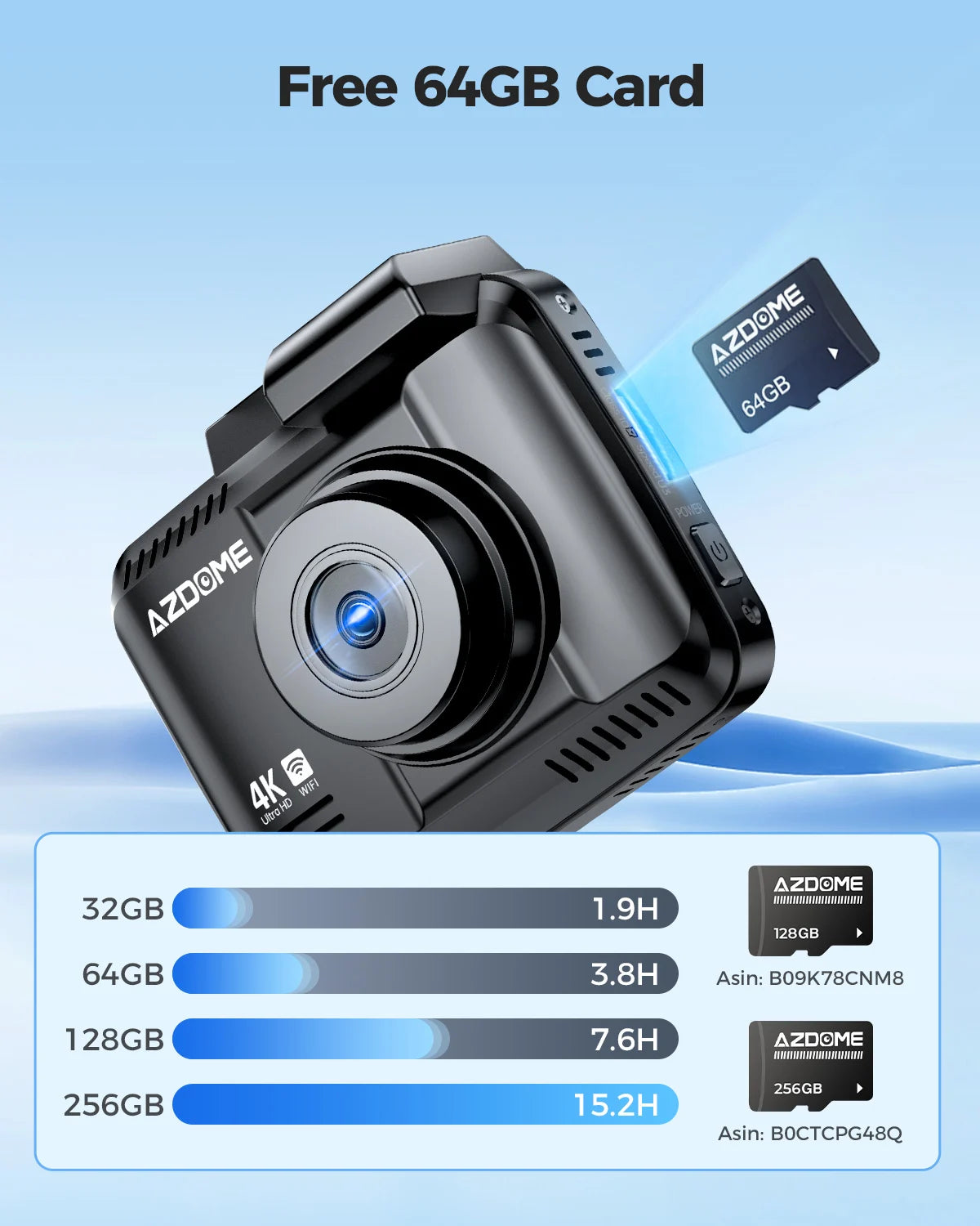 4K Dash Cam 1-Channel GPS WiFi 64GB