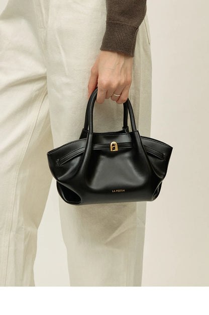 Elegant Black Leather Crossbody Purse with Bucket Shape