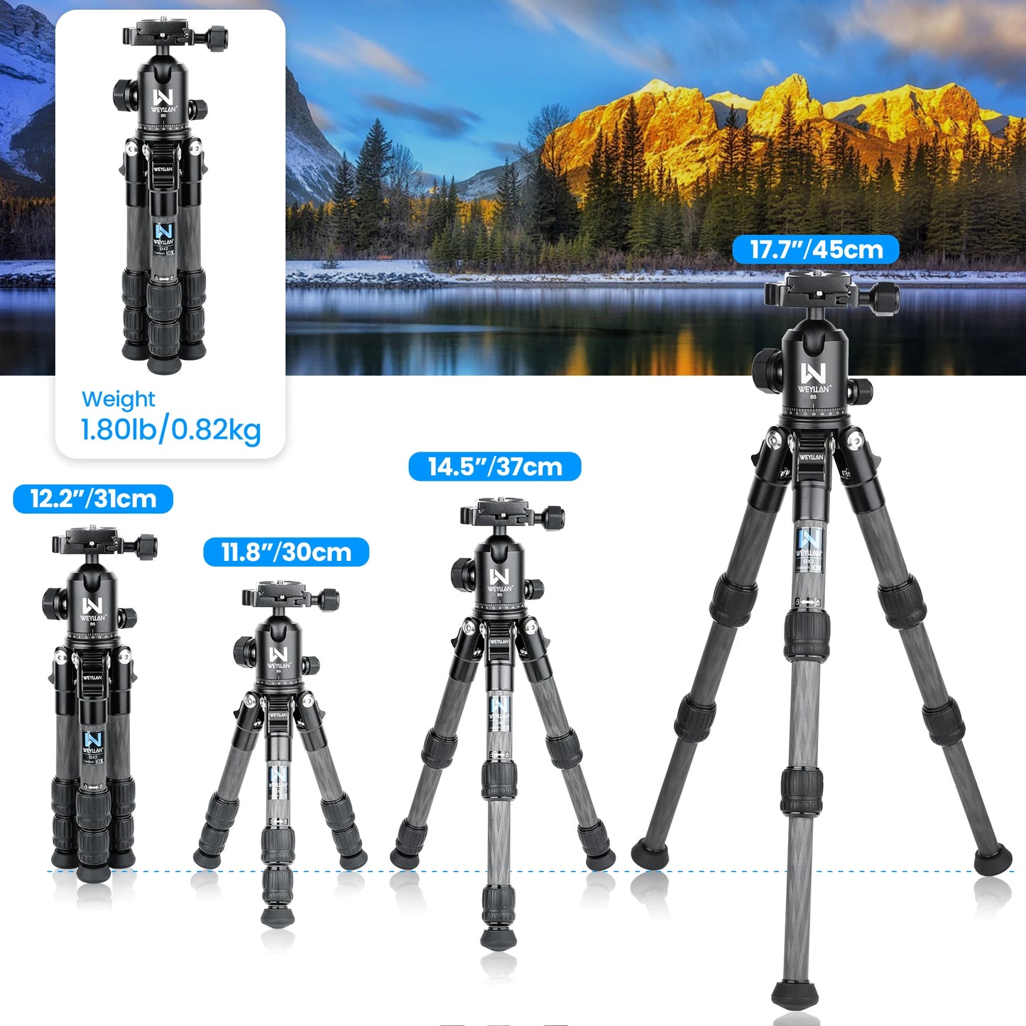Portable Carbon Fiber Tripod Kit with Holder Column and Bag