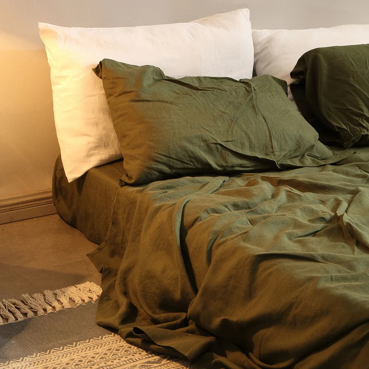100% Linen Queen Size Bedding Set Army Green