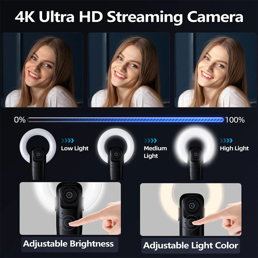 4K Streaming Webcam with AI Autofocus and Ring Light
