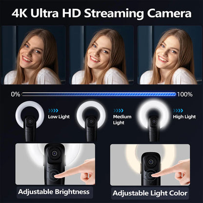 4K Streaming Webcam with AI Autofocus and Ring Light