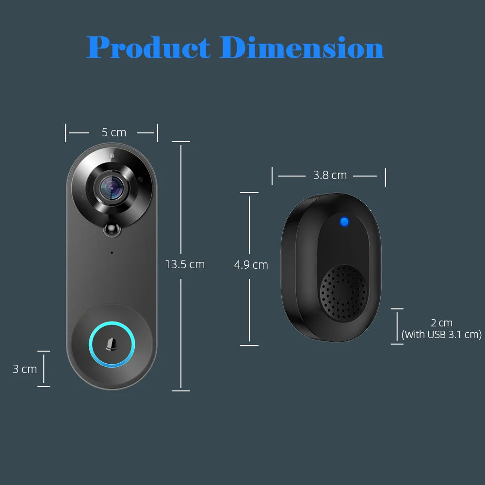 Wireless 1080P Black Doorbell Camera with 64GB Storage