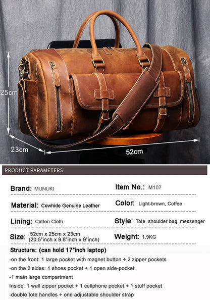 Genuine Leather Travel Bag Large Duffle Weekend Tote