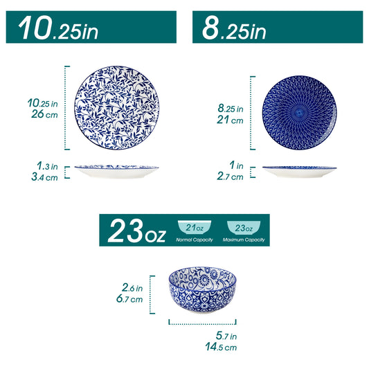 12 Piece Porcelain Dinner Set with Blue White Pattern