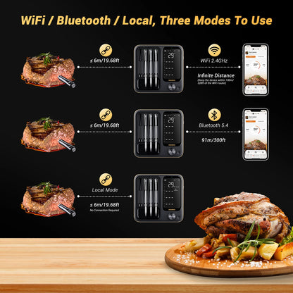 Wireless BBQ Thermometer 4 Probes WiFi Bluetooth IP67