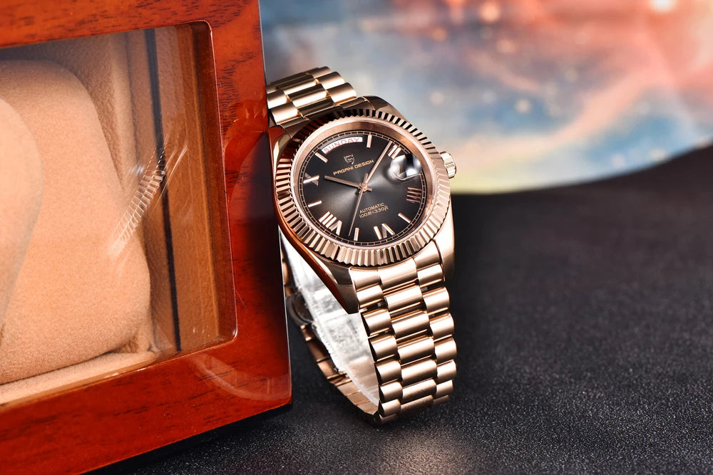 Luxury Mechanical Wristwatch Mens Rose Gold Brown