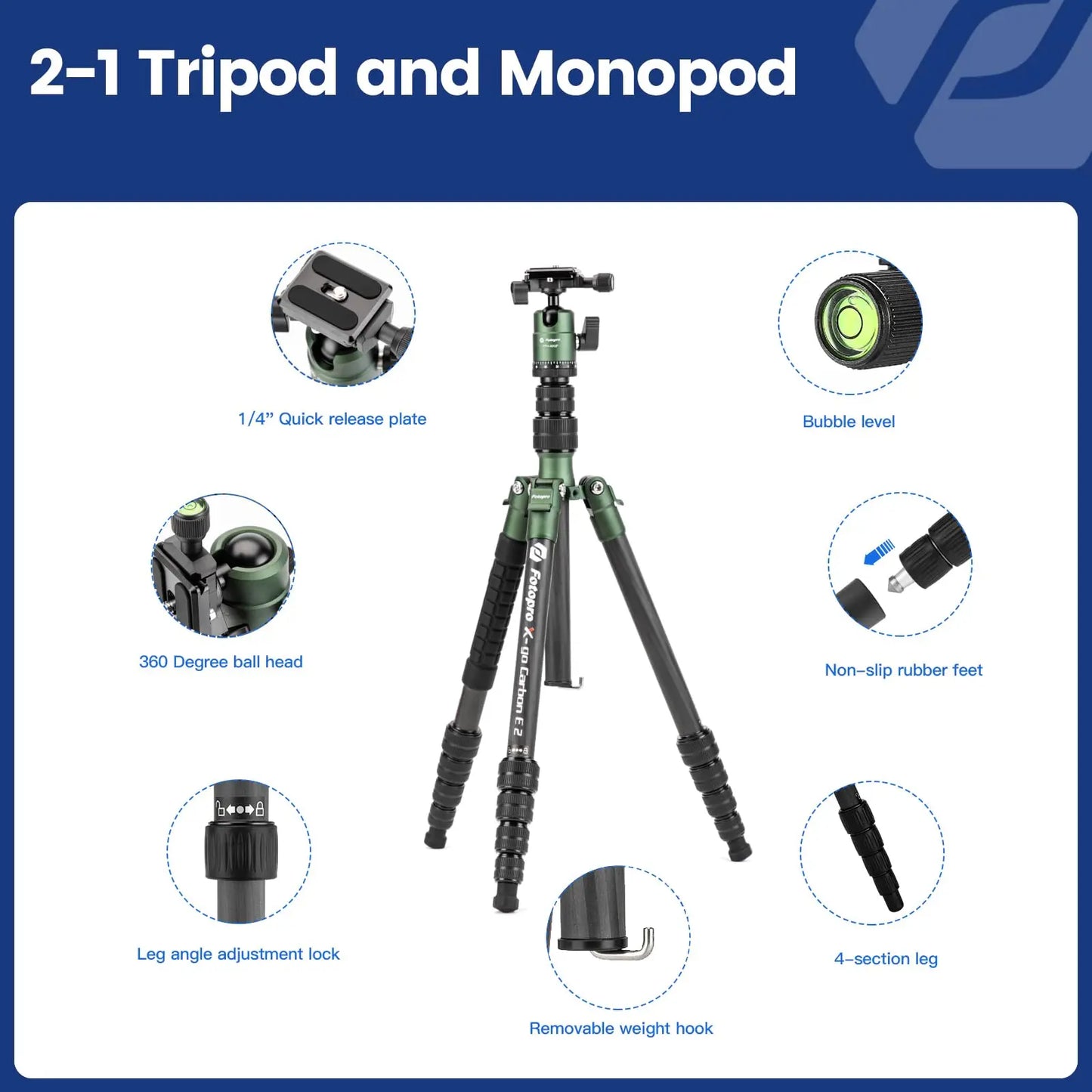 151cm Carbon Fiber Travel Tripod with Detachable Monopod Green
