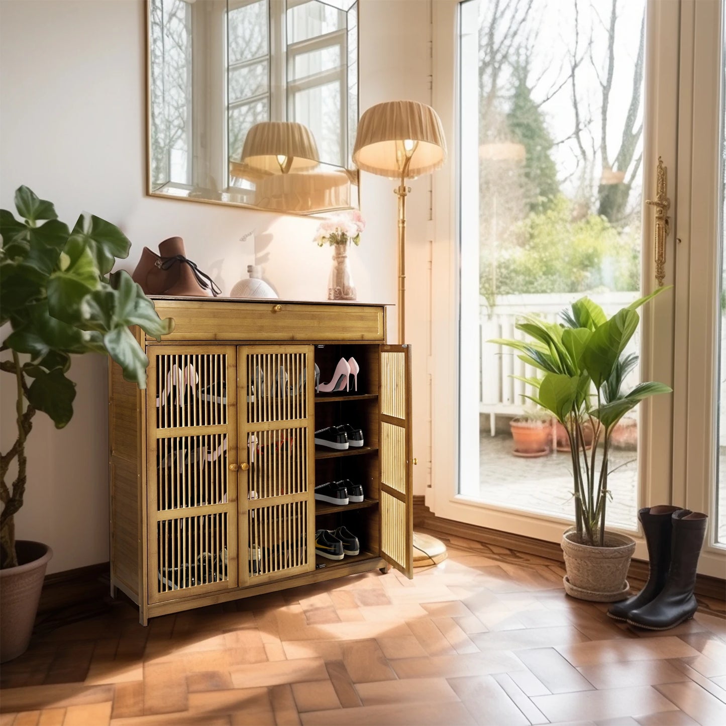 Slim Bamboo Shoe Rack Cabinet with Three Hollow Doors
